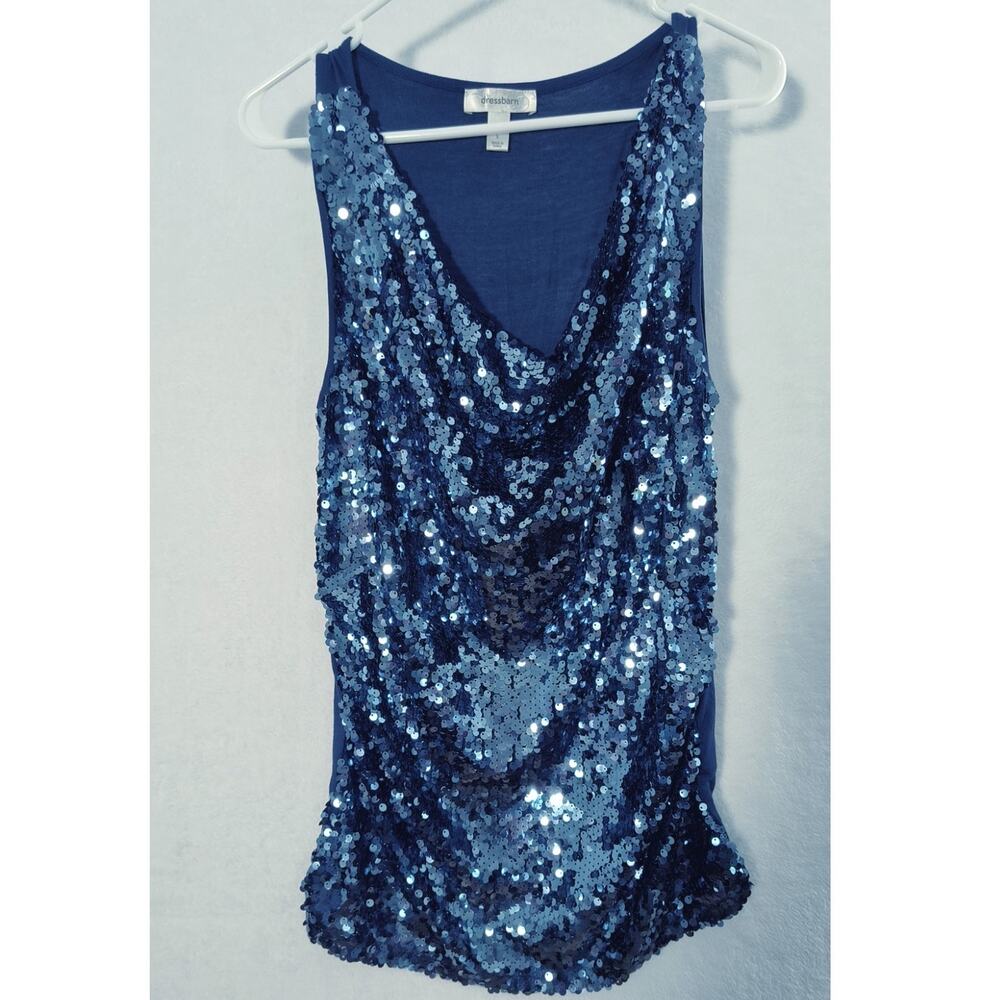 Dress Barn Sequin Tank Top Wmn's L Royal Blue Cowl Neck Sleeveless Stretch knit - Picture 6 of 13